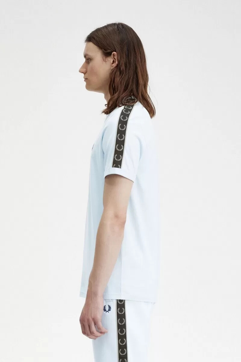 fred perry contrast tape ringer herr t-shirt ljus aqua varm grå