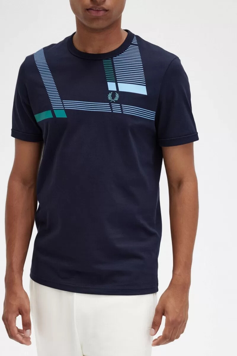 fred perry glitch print herr t-shirt marinblå