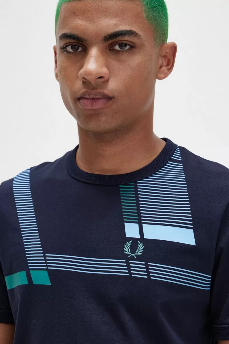 fred perry glitch print herr t-shirt marinblå