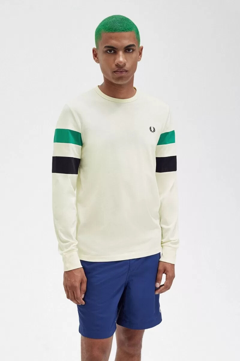 fred perry paneled sleeve långärmad herr t-shirt beige