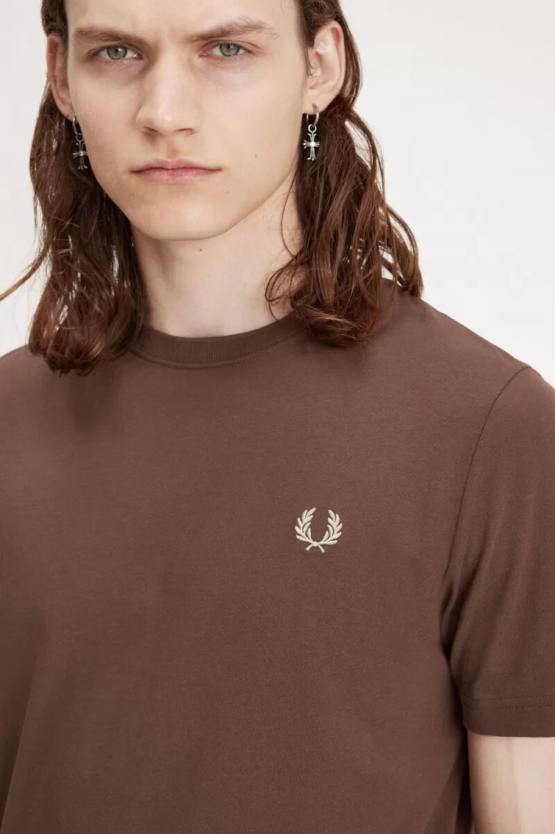 fred perry crew neck herr t-shirt mörkröd varm grå