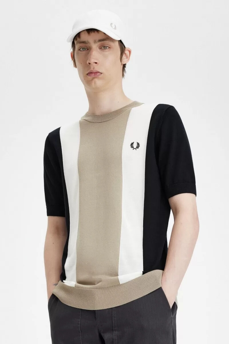 fred perry randig finstickad herr t-shirt svart snövit varm grå