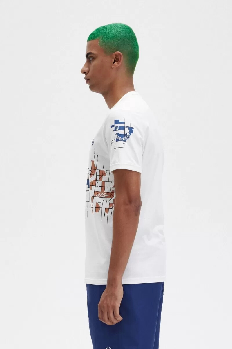 fred perry grid print herr t-shirt snövit