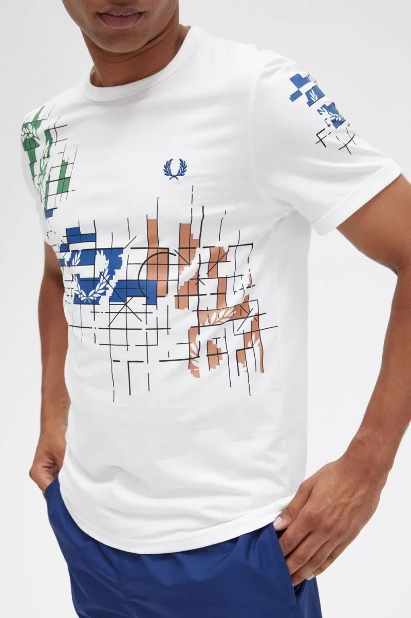 fred perry grid print herr t-shirt snövit