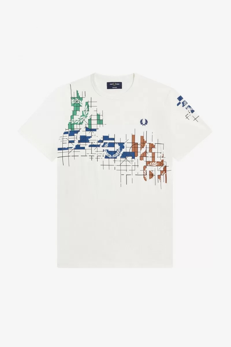 fred perry grid print herr t-shirt snövit