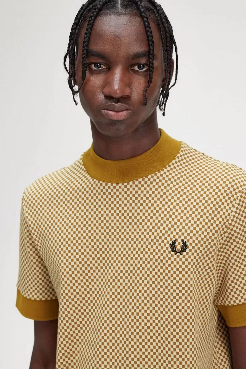fred perry micro chequerboard herr t-shirt havregryn mörk kaffe