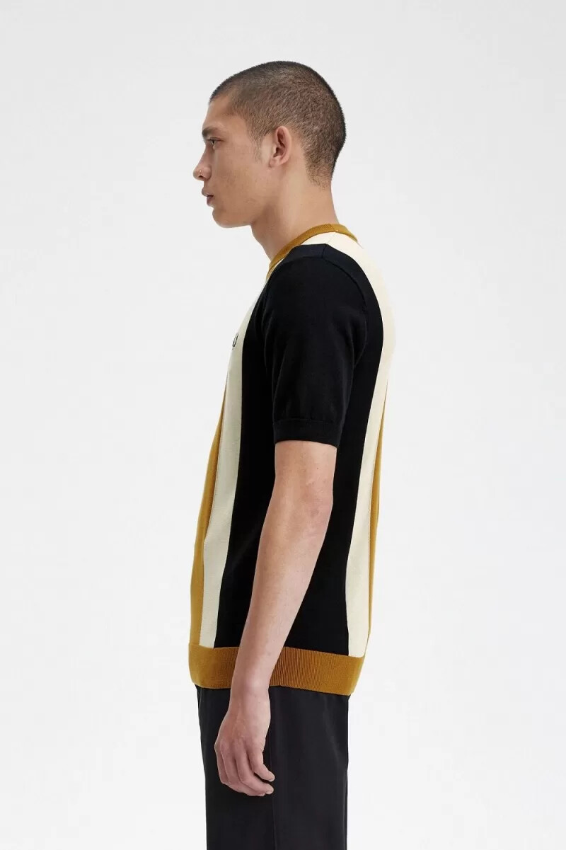 fred perry randig finstickad herr t-shirt svart havregryn mörk kaffe