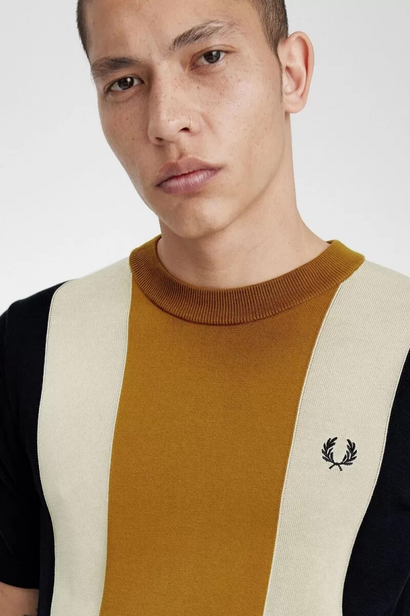 fred perry randig finstickad herr t-shirt svart havregryn mörk kaffe