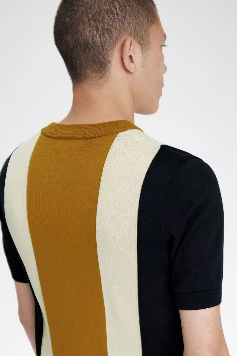 fred perry randig finstickad herr t-shirt svart havregryn mörk kaffe