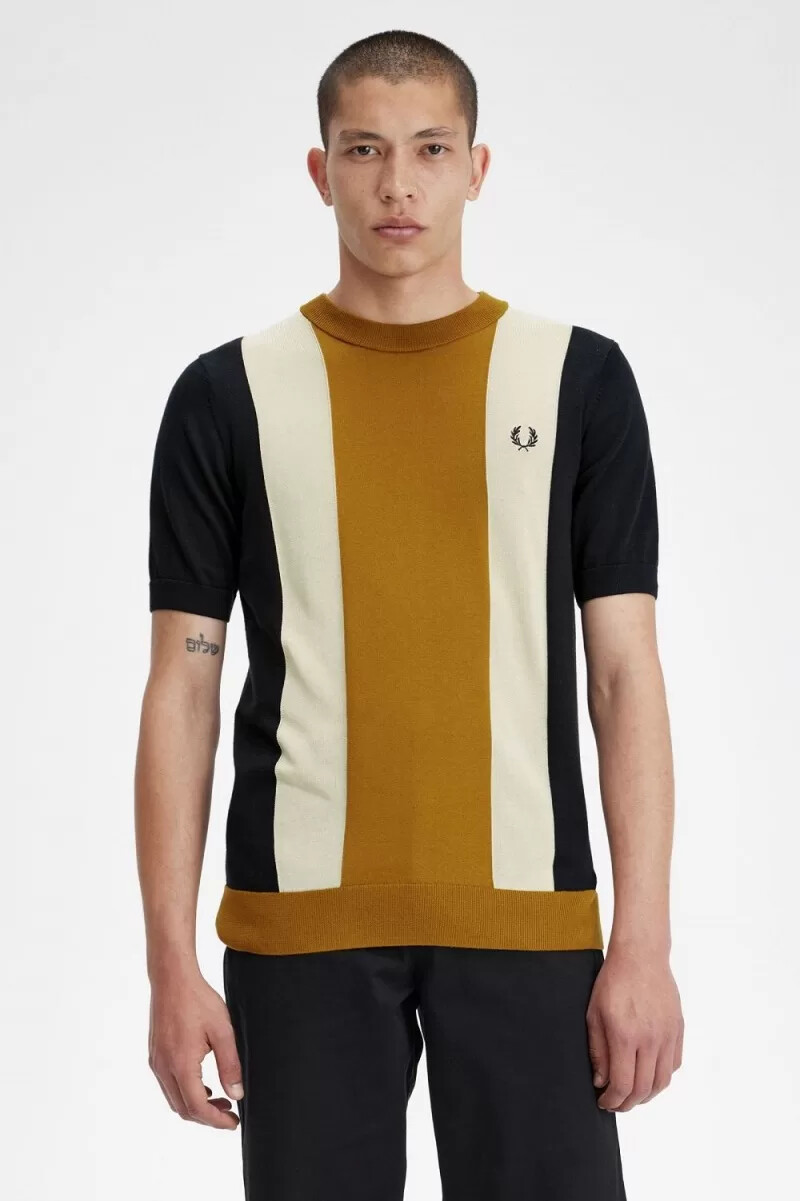 fred perry randig finstickad herr t-shirt svart havregryn mörk kaffe
