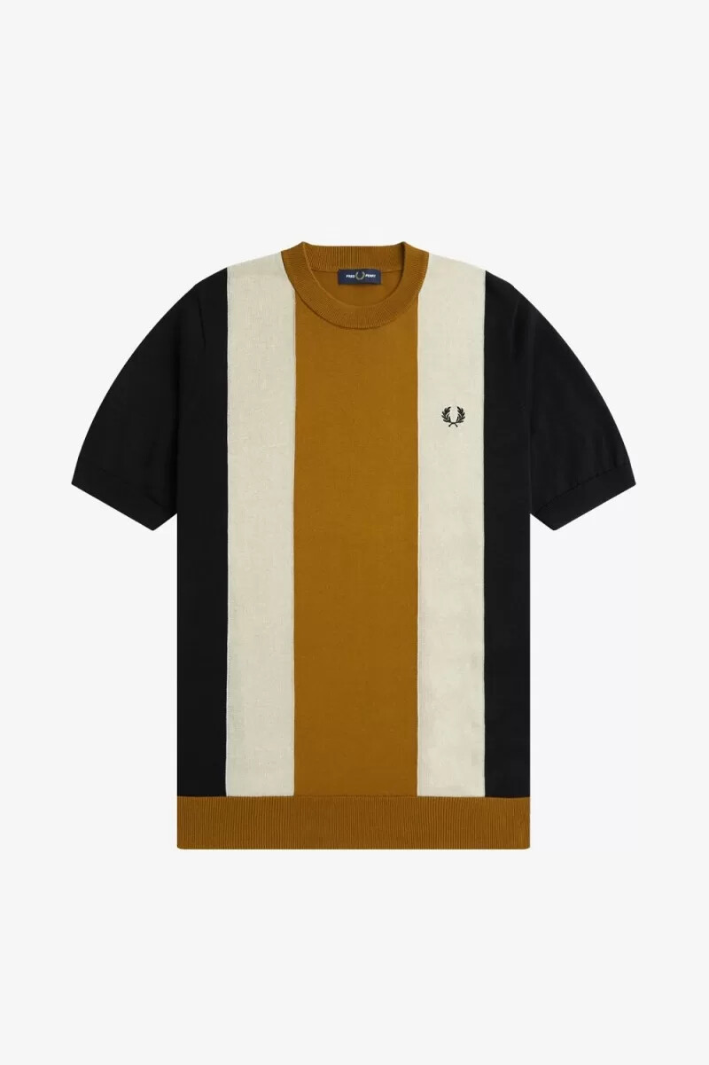 fred perry randig finstickad herr t-shirt svart havregryn mörk kaffe