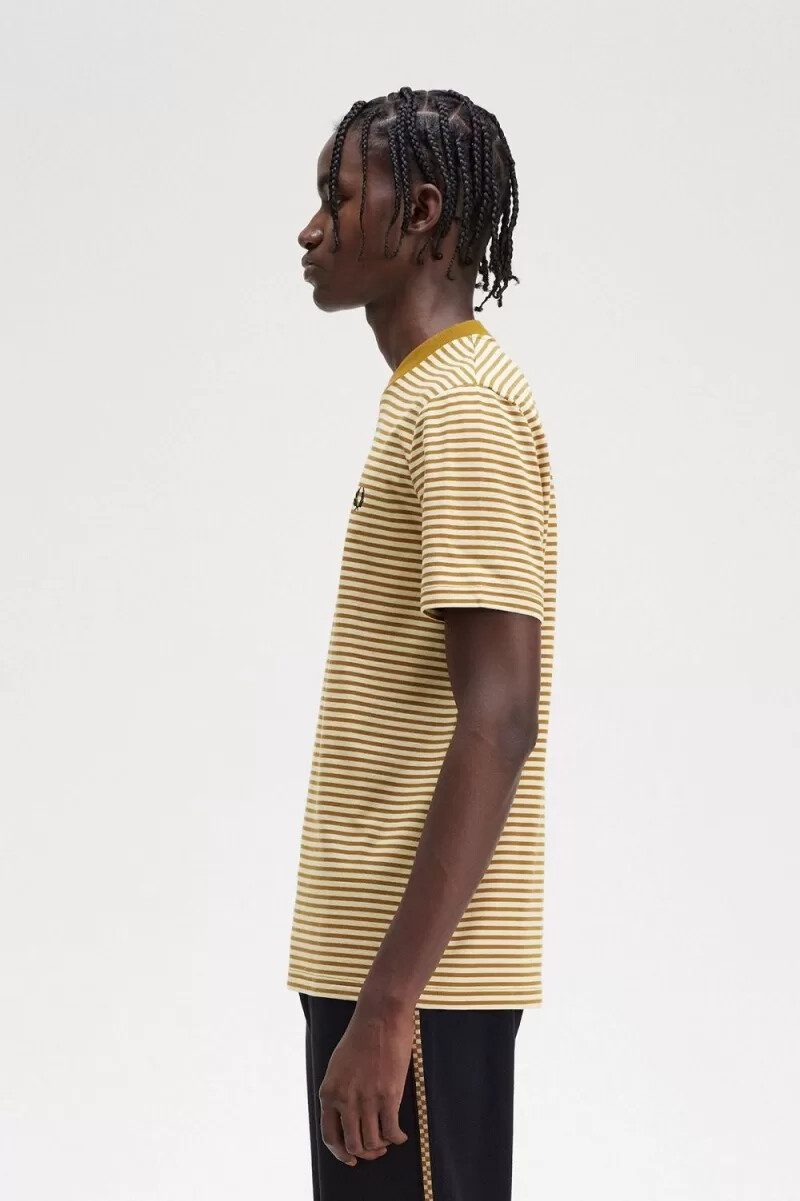 fred perry fine stripe heavyweight herr t-shirt havregryn mörk kaffe