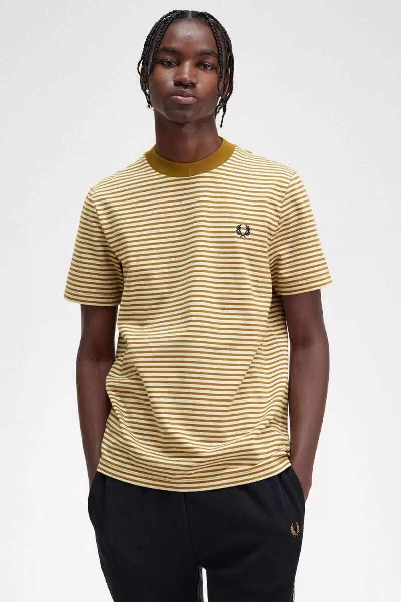 fred perry fine stripe heavyweight herr t-shirt havregryn mörk kaffe