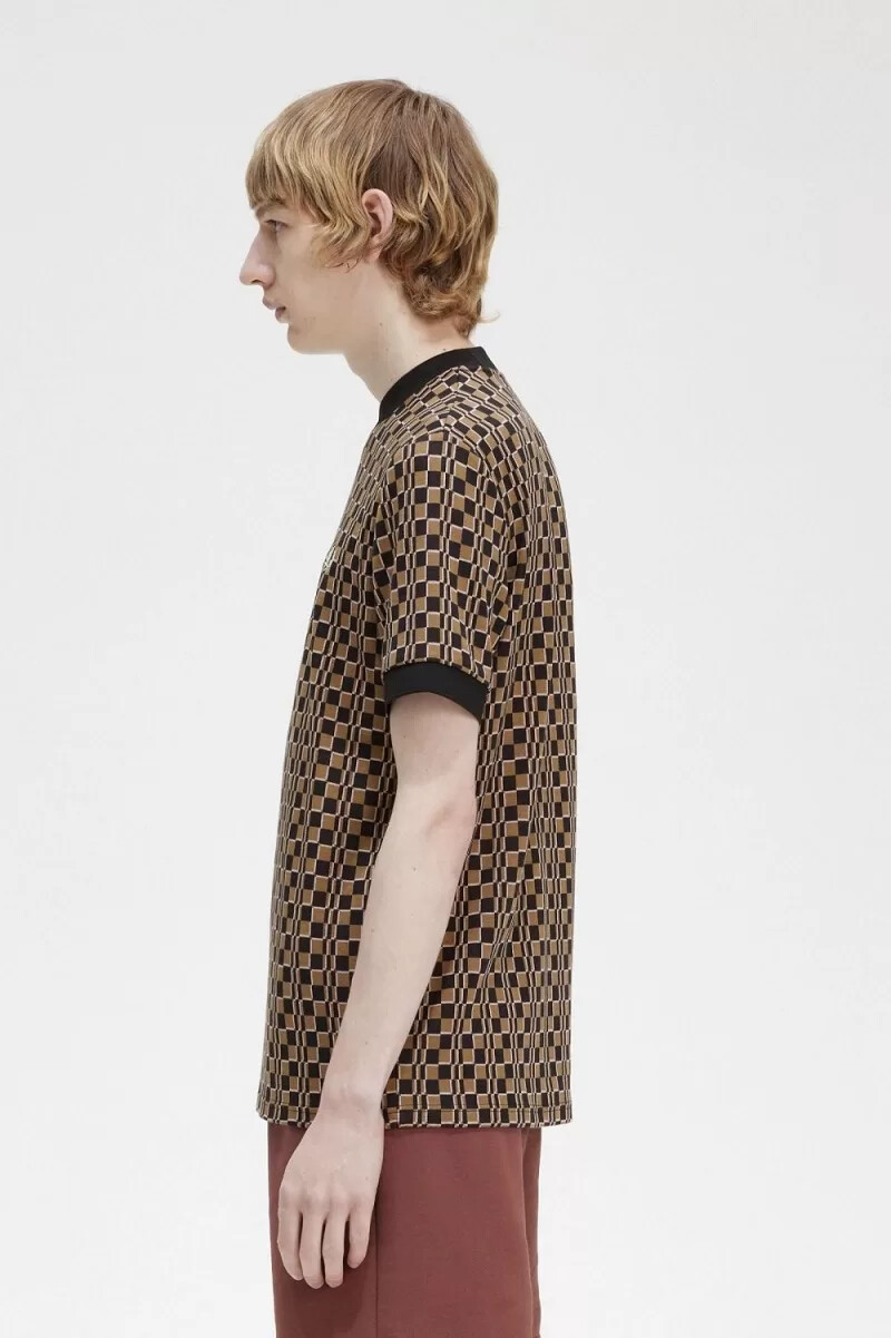 fred perry glitch chequerboard herr t-shirt brun marinblå