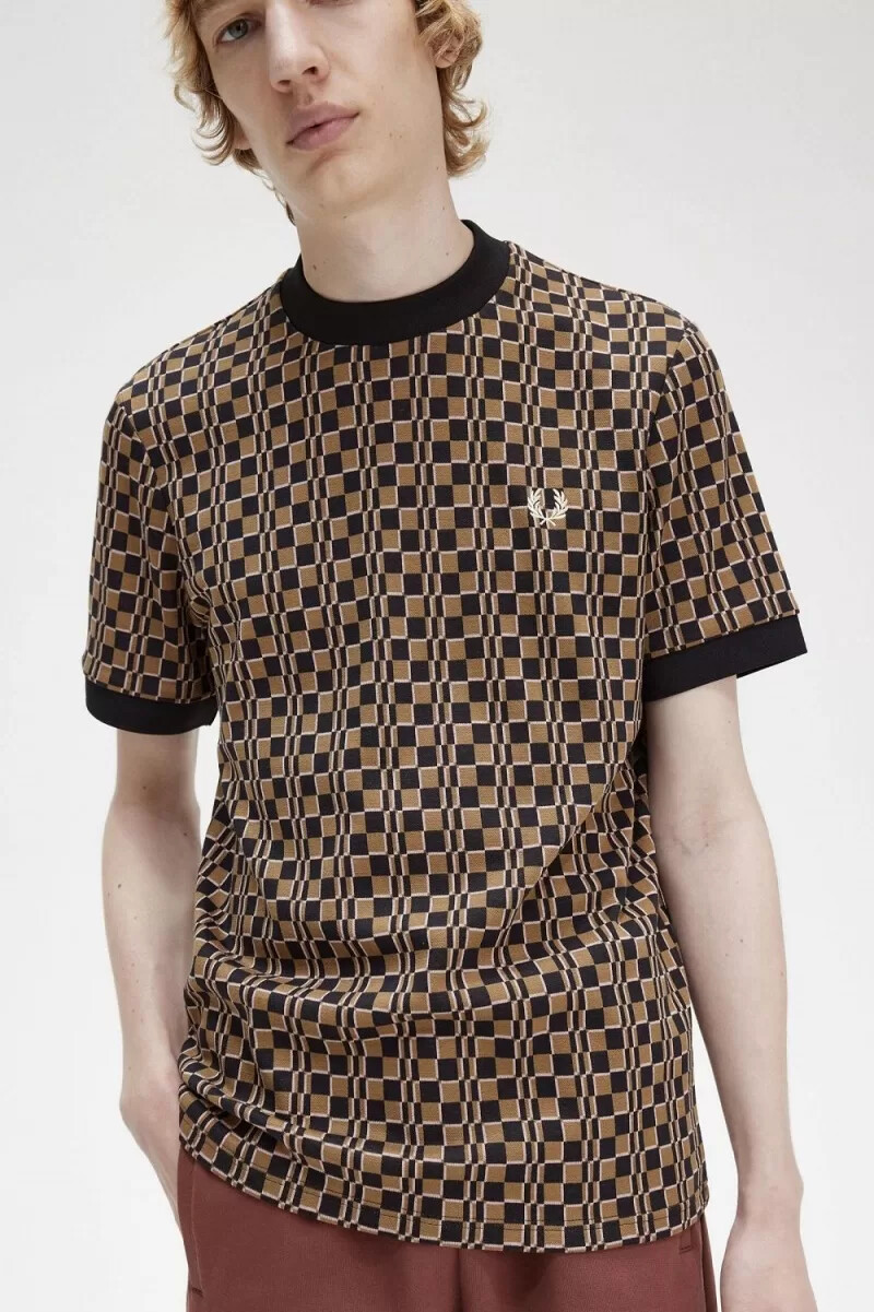 fred perry glitch chequerboard herr t-shirt brun marinblå