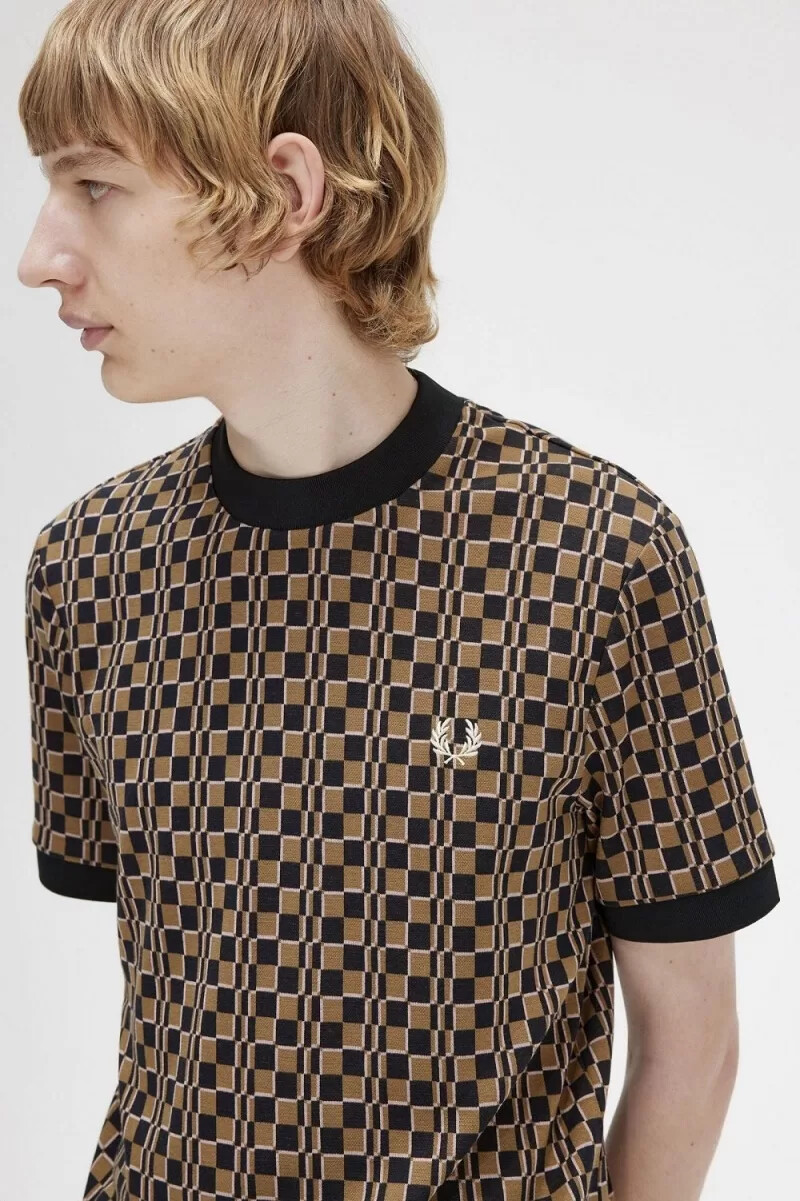 fred perry glitch chequerboard herr t-shirt brun marinblå