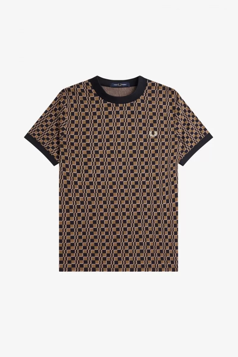 fred perry glitch chequerboard herr t-shirt brun marinblå
