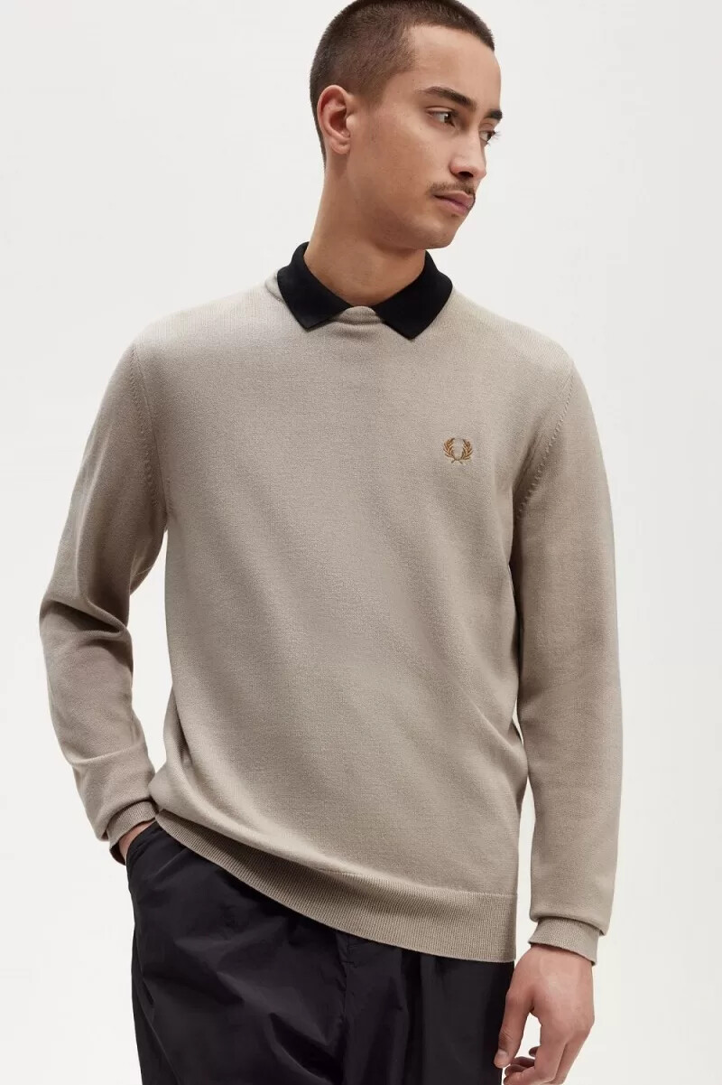 fred perry classic crew neck herrtröja mörk havregryn