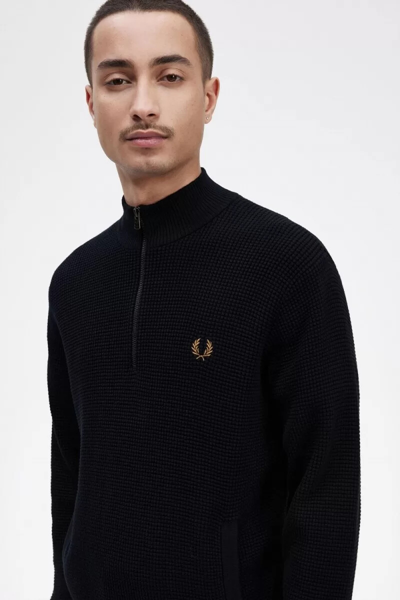 fred perry waffle stitch half zip herrtröja marinblå