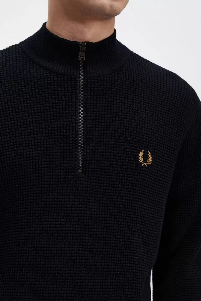 fred perry waffle stitch half zip herrtröja marinblå
