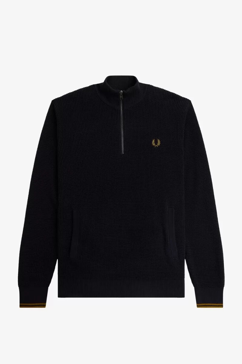 fred perry waffle stitch half zip herrtröja marinblå