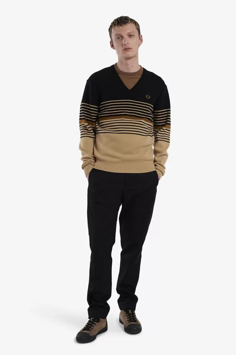 fred perry randig lambswool-tröja för män khaki