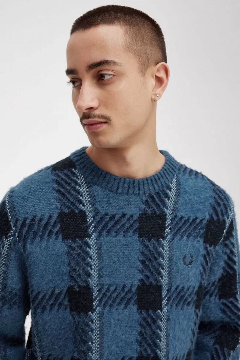 fred perry glitch tartan herrtröja midnattsblå