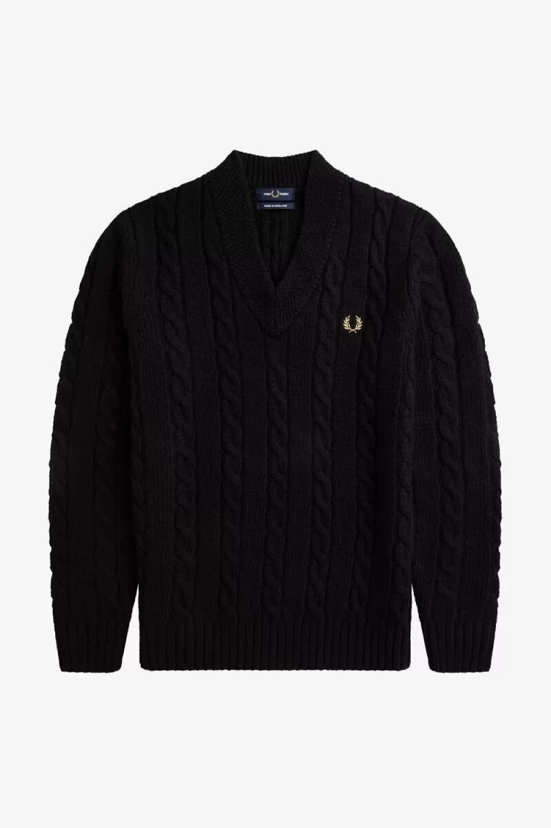 fred perry kabelstickad v-ringad herrtröja svart