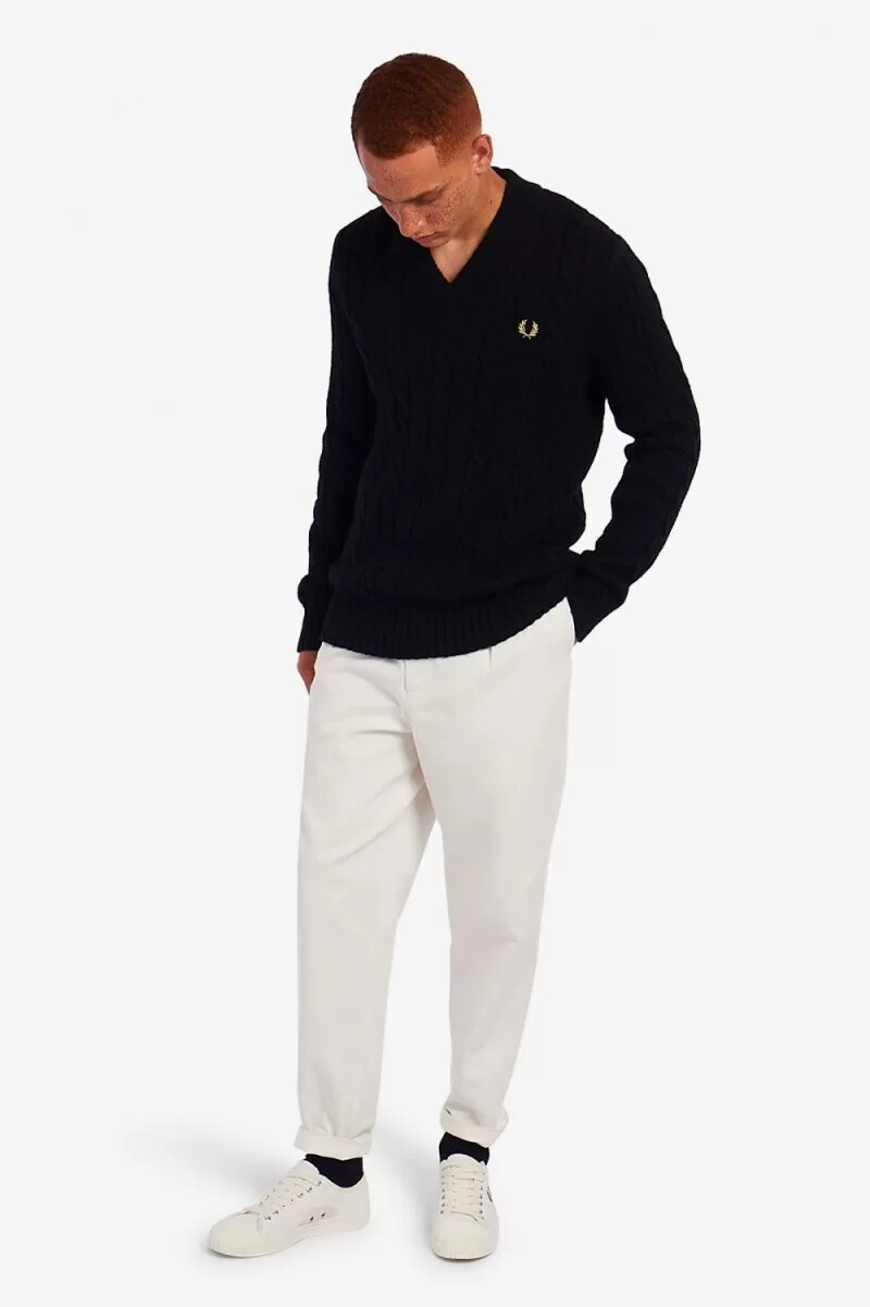 fred perry kabelstickad v-ringad herrtröja svart