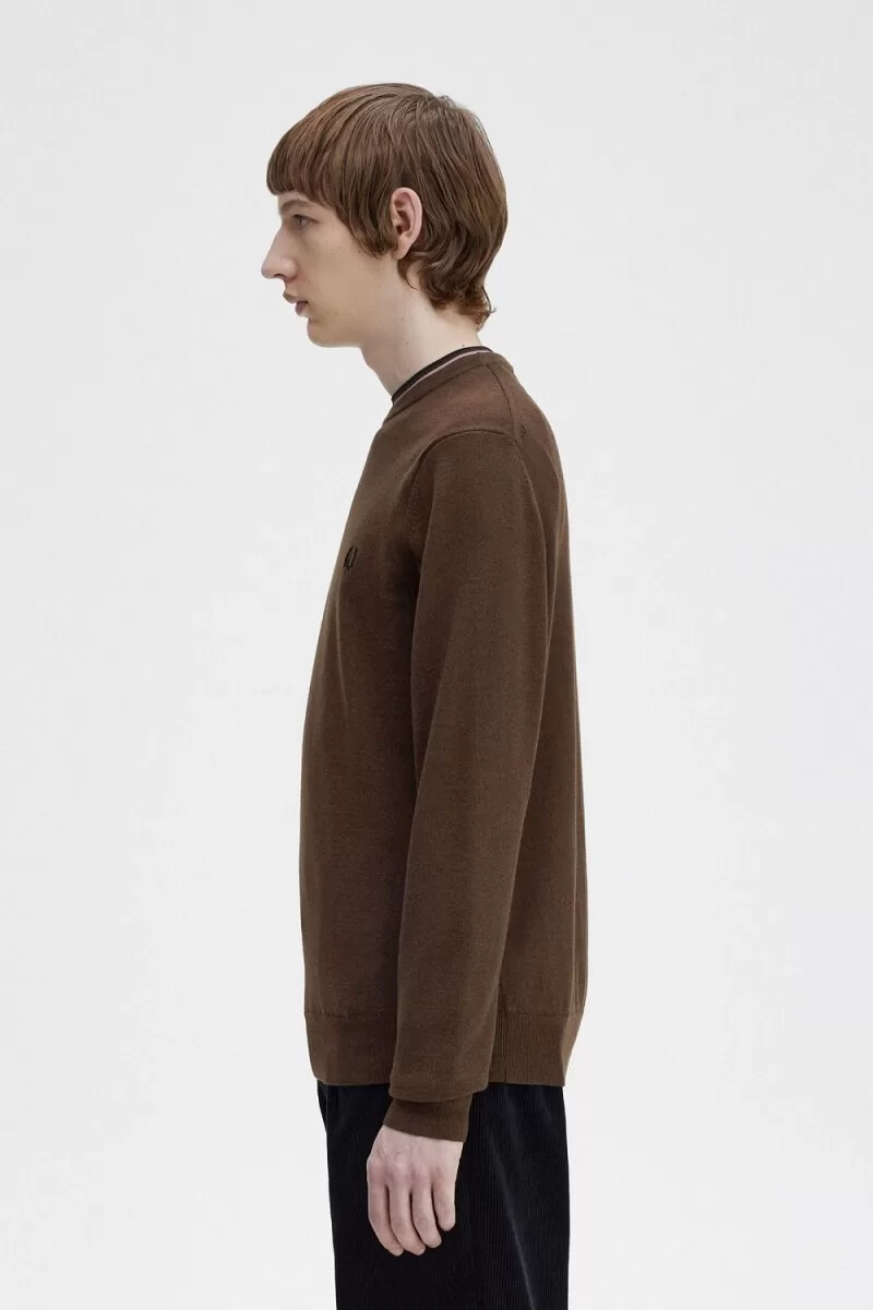 fred perry classic crew neck herrtröja burnt tobacco